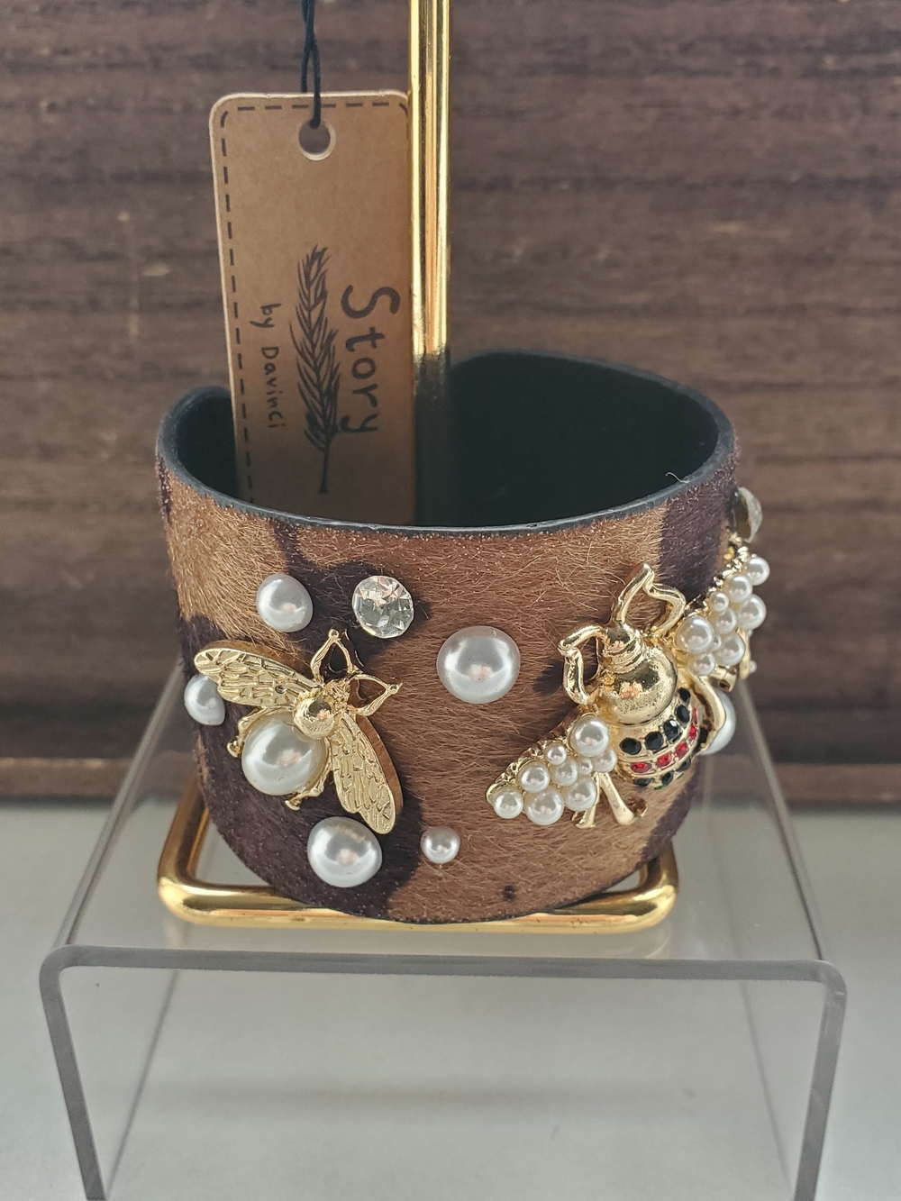 Brown Pearl & Gold Bee Cuff Bracelet - Picture 2 of 4